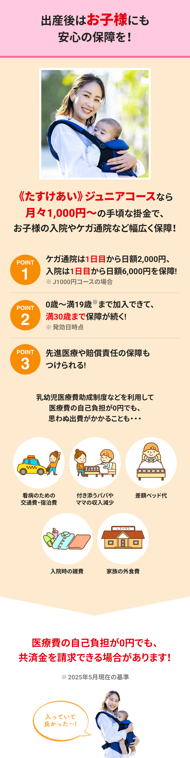 出産後はお子様にも
安心の保障を!
《たすけあい》 ジュニアコースなら
月々1,000円~の手頃な掛金で、
お子様の入院やケガ通院など幅広く保障!
POINT
ケガ通院は1日目から日額 2,000円、
1
POINT
入院は1日目から日額6,000円を保障!
※J1000円コースの場合
0歳~満19歳まで加入できて、
2
満30歳まで保障が続く!
※発効日時点
POINT
先進医療や賠償責任の保障も
3
つけられる!
w
乳幼児医療費助成制度などを利用して
医療費の自己負担が0円でも、
思わぬ出費がかかることも･･･
看病のための
交通費・宿泊費
付き添うパパや
差額ベッド代
ママの収入減少
レストラン
80
入院時の雑費
家族の外食費
医療費の自己負担が0円でも、
共済金を請求できる場合があります!
※2025年5月現在の基準
入っていて
良かった〜!