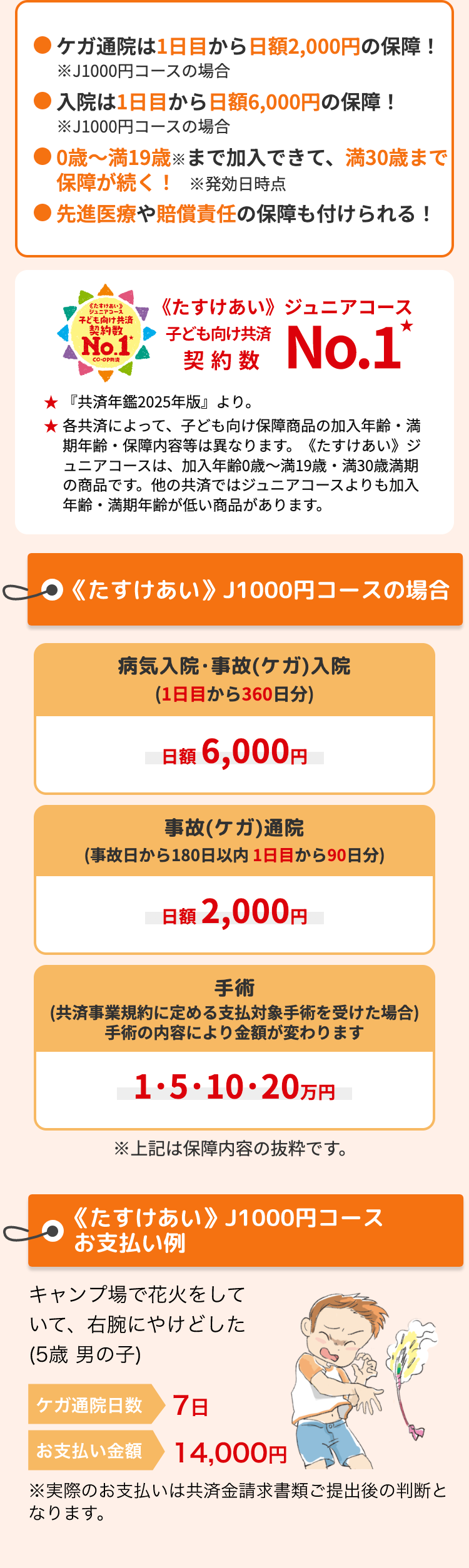ケガ通院は1日目から日額 2,000円の保障!
※J1000円コースの場合
入院は1日目から日額 6,000円の保障 !
※J1000円コースの場合
0歳~満19歳まで加入できて、 満30歳まで
保障が続く! 発効日時点
先進医療や賠償責任の保障も付けられる!
《たすけあい》
ジュニアコース
子ども向け共済
契約数
No.1
CO-OP
《たすけあい》 ジュニアコース
子ども向け共済
契約 数
No.1*
★『共済年鑑2025年版』より。
★各共済によって、 子ども向け保障商品の加入年齢・満
期年齢・ 保障内容等は異なります。 《たすけあい》ジ
ュニアコースは、 加入年齢0歳~満19歳・ 満30歳満期
の商品です。 他の共済ではジュニアコースよりも加入
年齢・満期年齢が低い商品があります。
CO 《たすけあい》 J1000円コースの場合
病気入院・事故 (ケガ) 入院
(1日目から360日分)
日額 6,000円
事故(ケガ) 通院
(事故日から180日以内 1日目から90日分)
日額 2,000円
手術
(共済事業規約に定める支払対象手術を受けた場合)
手術の内容により金額が変わります
1・5・10・20万円
※上記は保障内容の抜粋です。
《たすけあい》 J1000円コース
お支払い例
キャンプ場で花火をして
いて、 右腕にやけどした
(5歳 男の子)
ケガ通院日数 7日
お支払い金額 14,000円
※実際のお支払いは共済金請求書類ご提出後の判断と
なります。