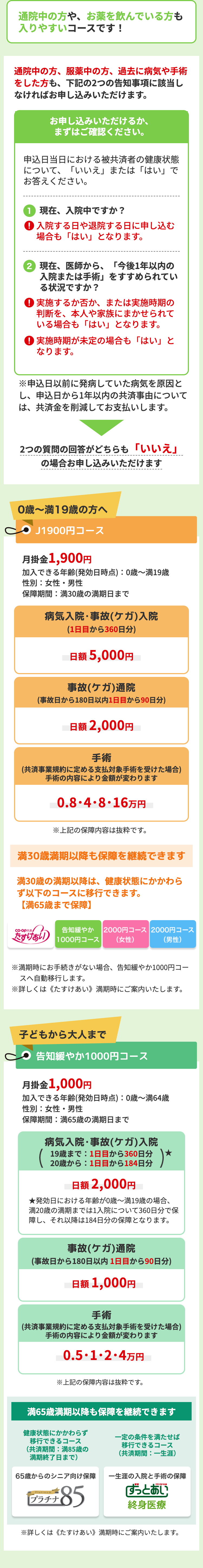 通院中の方や、 お薬を飲んでいる方も
入りやすいコースです!
通院中の方、服薬中の方、 過去に病気や手術
をした方も、下記の2つの告知事項に該当し
なければお申し込みいただけます。
お申し込みいただけるか、
まずはご確認ください。
申込日当日における被共済者の健康状態
について、「いいえ」または「はい」で
お答えください。
1 現在、 入院中ですか?
! 入院する日や退院する日に申し込む
場合も「はい」となります。
2 現在、医師から、 「今後1年以内の
入院または手術」 をすすめられてい
る状況ですか?
①実施するか否か、 または実施時期の
判断を、本人や家族にまかせられて
いる場合も「はい」 となります。
! 実施時期が未定の場合も 「はい」と
なります。
※申込日以前に発病していた病気を原因と
し、申込日から1年以内の共済事由について
は、共済金を削減してお支払いします。
2つの質問の回答がどちらも「いいえ」
の場合お申し込みいただけます
0歳~満19歳の方へ
J1900円コース
月掛金 1,900円
加入できる年齢(発効日時点): 0歳~満19歳
性別: 女性・男性
保障期間:満30歳の満期日まで
病気入院・事故 (ケガ) 入院
(1日目から360日分)
日額 5,000円
事故 (ケガ) 通院
(事故日から180日以内 1日目から90日分)
日額 2,000円
手術
(共済事業規約に定める支払対象手術を受けた場合)
手術の内容により金額が変わります
0.8・4・8・16万円
※上記の保障内容は抜粋です。
満30歳満期以降も保障を継続できます
満30歳の満期以降は、健康状態にかかわら
ず以下のコースに移行できます。
【満65歳まで保障】
co-op 共済!
告知緩やか 2000円コース 2000円コース
(女性)
(男性)
たすけあい
1000円コース
※満期時にお手続きがない場合、 告知緩やか1000円コー
スへ自動移行します。
※詳しくは《たすけあい》 満期時にご案内いたします。
子どもから大人まで
C 告知緩やか1000円コース
月掛金 1,000円
加入できる年齢(発効日時点):0歳~満64歳
性別:女性・男性
保障期間: 満65歳の満期日まで
病気入院・事故 (ケガ) 入院
19歳まで: 1日目から360日分
20歳から : 1日目から184日分
日額 2,000円
★発効日における年齢が0歳~満19歳の場合、
満20歳の満期までは1入院について360日分で保
障し、それ以降は184日分の保障となります。
事故(ケガ) 通院
(事故日から180日以内 1日目から90日分)
日額 1,000円
手術
(共済事業規約に定める支払対象手術を受けた場合)
手術の内容により金額が変わります
0.5・1・2・4万円
※上記の保障内容は抜粋です。
満65歳満期以降も保障を継続できます
健康状態にかかわらず
一定の条件を満たせば
移行できるコース
(共済期間:満85歳の
満期終了日まで)
65歳からのシニア向け保障
Platinum
プラチナ
85
移行できるコース
(共済期間:一生涯)
一生涯の入院と手術の保障
「ずっとあい
終身医療
※詳しくは 《たすけあい》 満期時にご案内いたします。