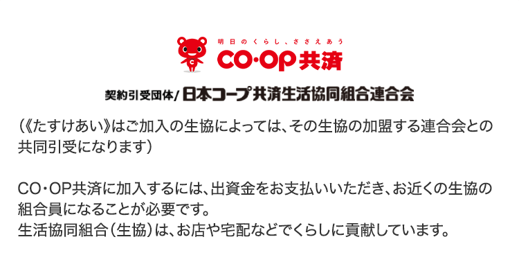 明日のくらし、ささえあう
CO・OP共済
契約引受団体 日本コープ共済生活協同組合連合会
( 《たすけあい》 はご加入の生協によっては、 その生協の加盟する連合会との
共同引受になります)
CO・OP共済に加入するには、出資金をお支払いいただき、お近くの生協の
組合員になることが必要です。
生活協同組合(生協) は、お店や宅配などでくらしに貢献しています。